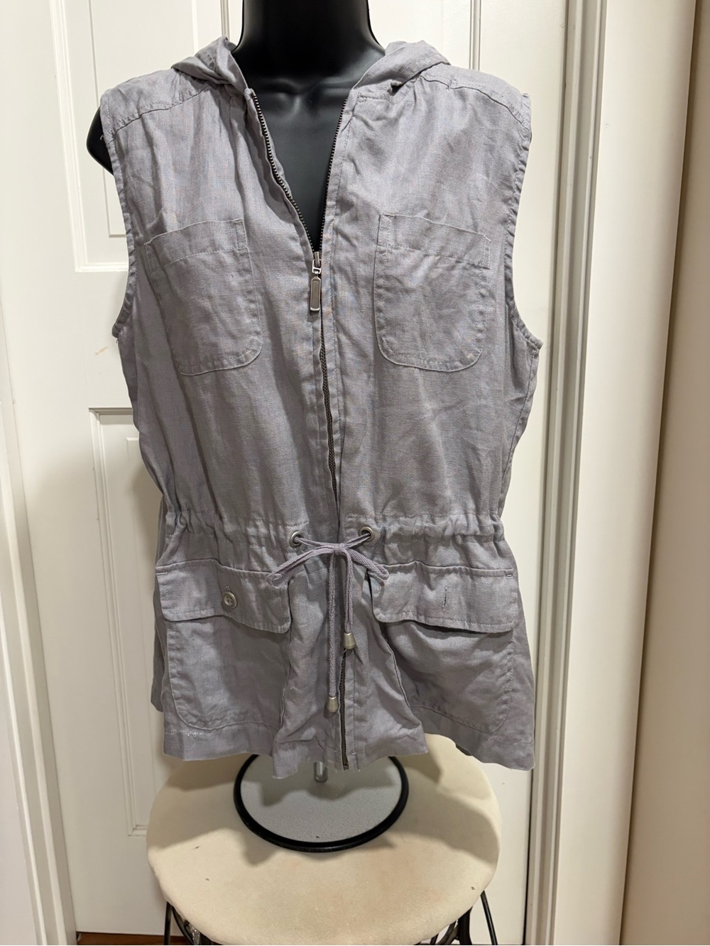 Sleeveless Hooded Drawstring Vest - Light Gray